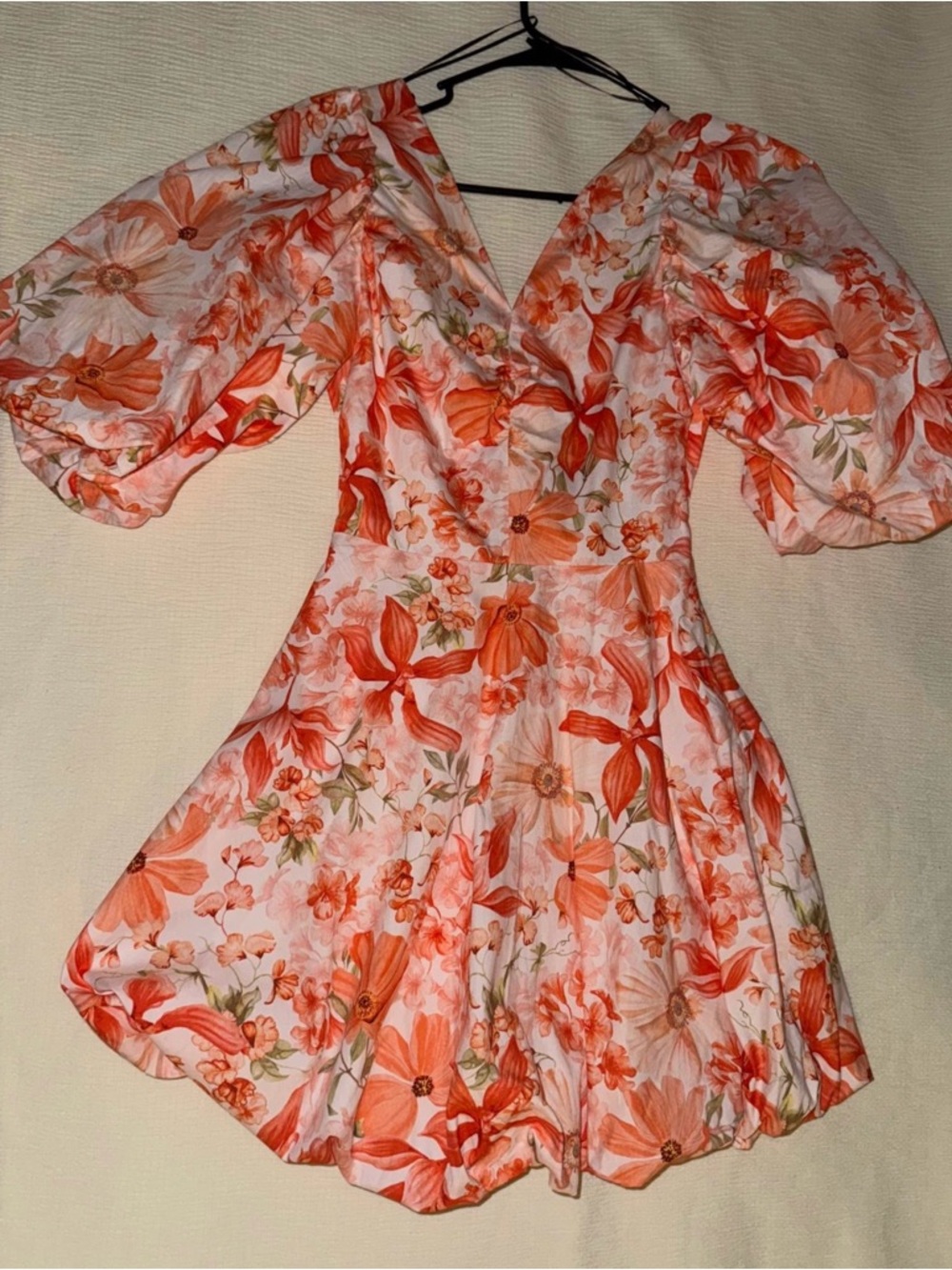 H&M Orange Floral V-Neck Puff Sleeve Mini Dress
